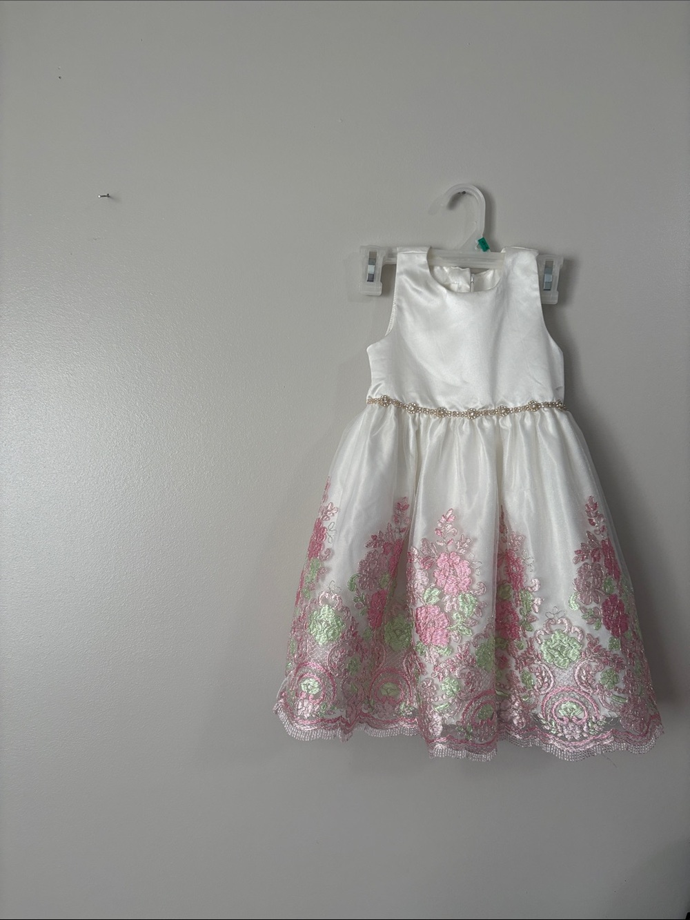 American Princess White Dress with Pink & Green Floral Embroidery